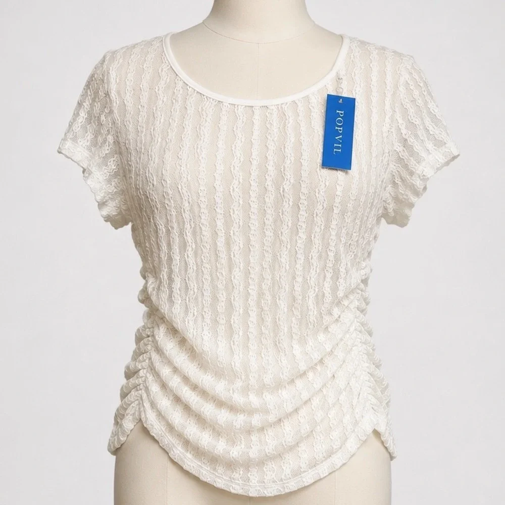 Popvil White Lace Ruched Swim Cover Up Top Short Sleeve Sheer Floral Small New